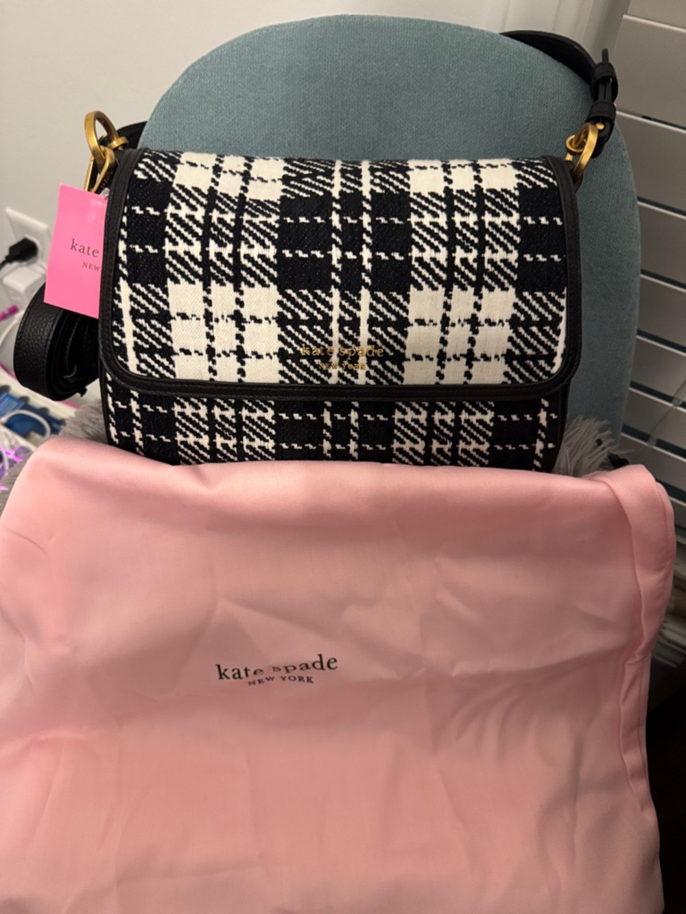 kate spade Black & White Plaid Shoulder Bag with Gold Hardware